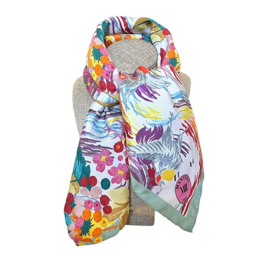 Mantero 1902 Colorful Floral Phoenix Bird Silk Twill Neckerchief Square Scarf